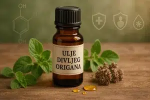 "Bočica ulja divljeg origana na drvenom stolu, prirodni dodatak za jačanje imuniteta i poboljšanje zdravlja."