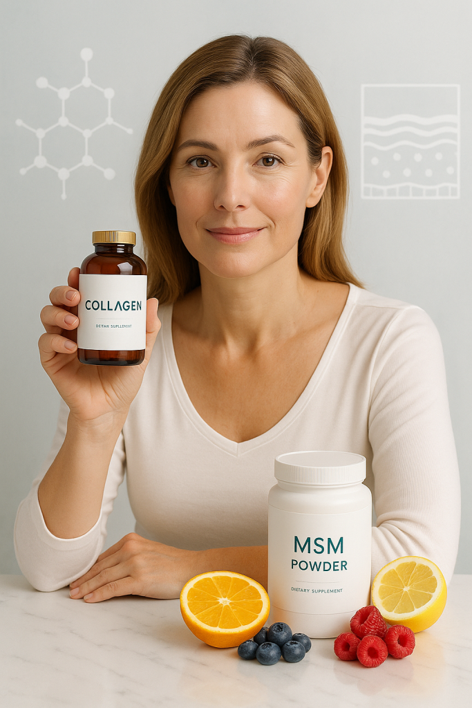 Žena sa zdravom kožom drži bocu sa kolagen i MSM suplementom za anti-aging
