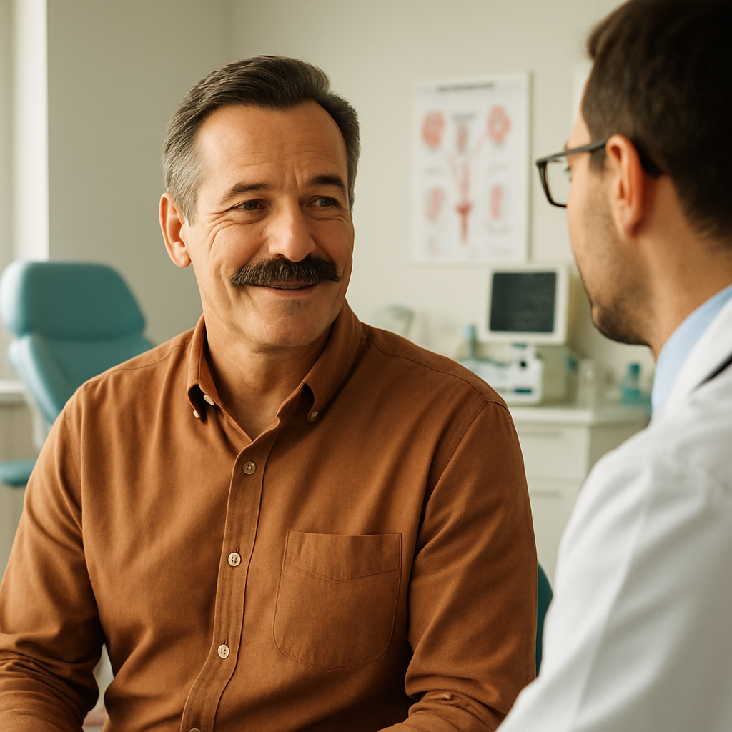 Muškarac s brkovima na pregledu prostate kod urologa - simbol svijesti o muškom zdravlju