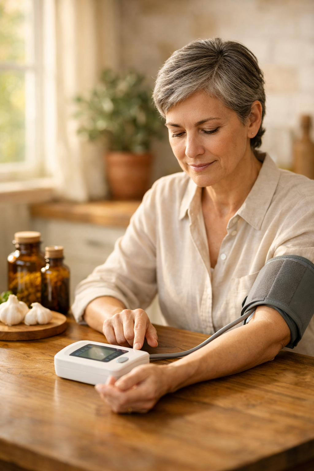 Osoba mjeri krvni pritisak uz prirodne preparate za kardiovaskularno zdravlje na stolu