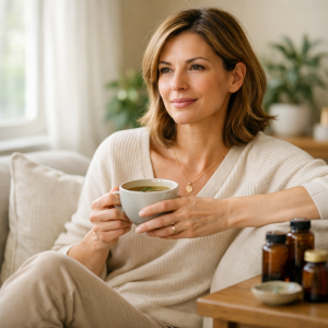 Žena u četrdesetim godinama sa šoljom čaja razmišlja o hormonalnom zdravlju i perimenopauzi