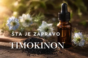 Timokinon — aktivni sastojak ulja crnog kima u staklenoj bočici i sjeme čorokota na drvenoj podlozi