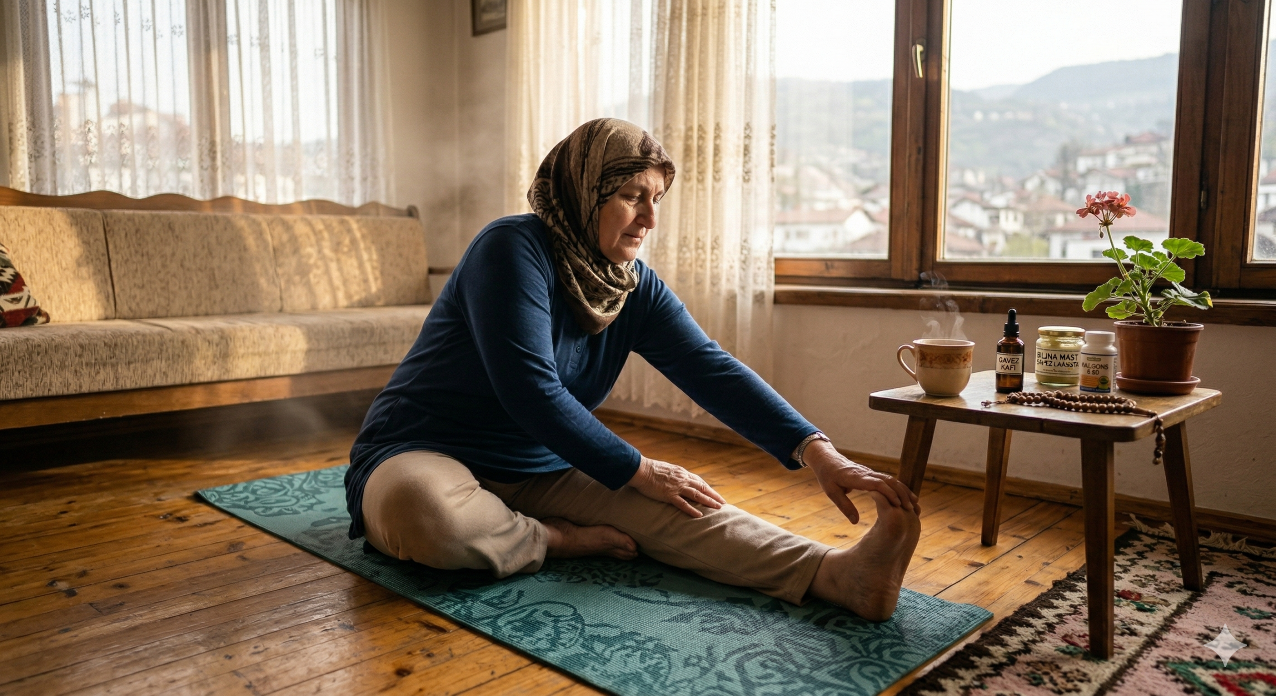 Žena radi jutarnje vježbe razgibavanja kod kuće – prirodna podrška zglobovima Dr. Gabriel's MSM i omega-3