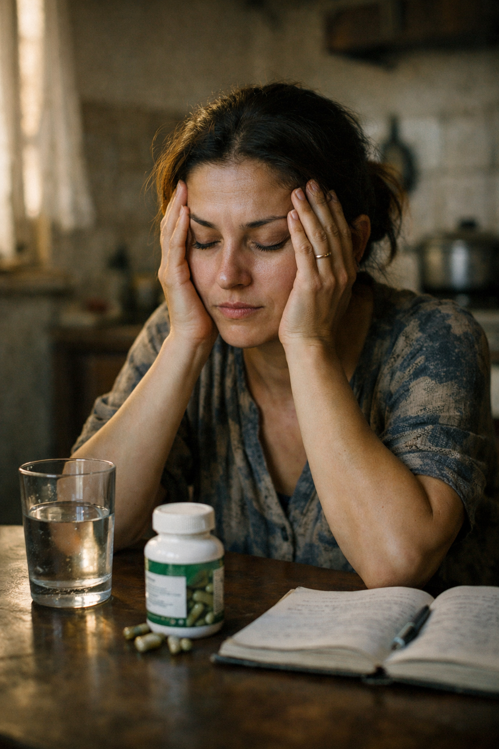 Umorna osoba sjedi za stolom, drži glavu u rukama – simptomi Long COVID sindroma i hroničnog umora