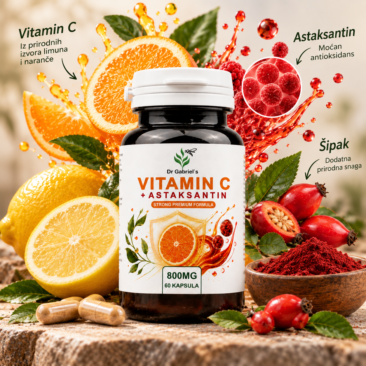 Dr Gabriel's Vitamin C i astaksantin kapsule — bočica 60 kom pored svježeg voća